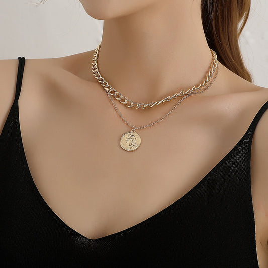 Jewelry Round Geometric Queen Head Pendant Necklace Female Fashion Simple Temperament Double Layer Necklace