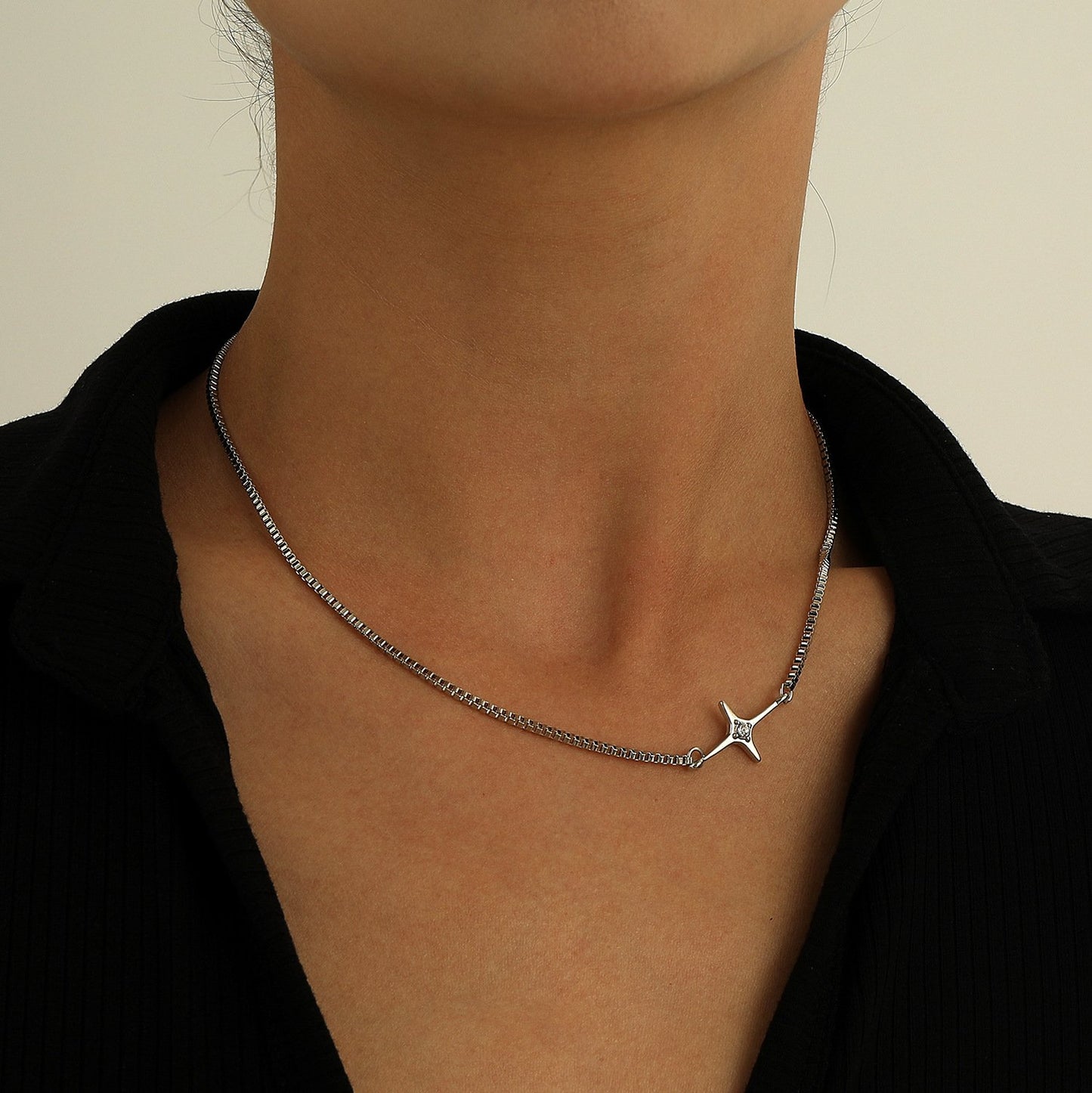 Jewelry Fashion Simple Box Chain Necklace Female Punk Trendy Diamond Cross Star Pendant