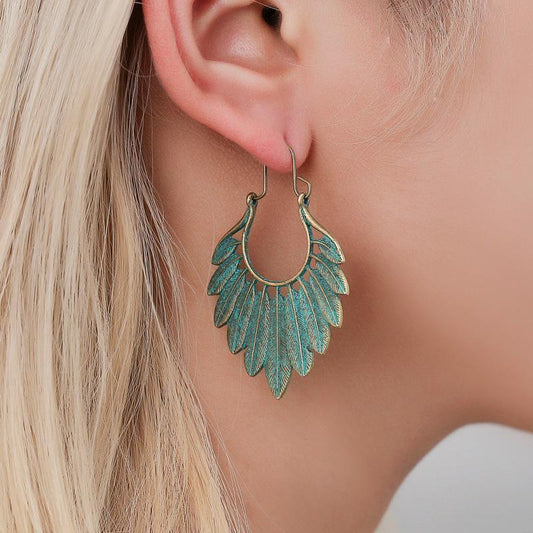 Old bronze leaf earrings ins fashion personality ethnic metal feather earrings