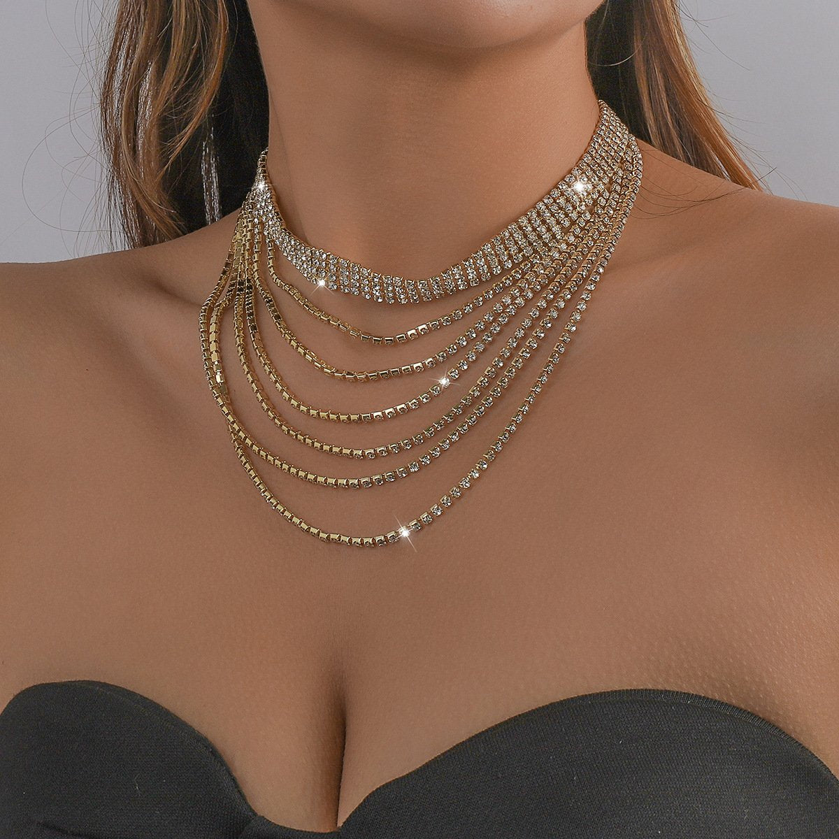 N153 Claw Chain Necklace Rhinestone Tassel Layered Necklace Exaggerated Night Row Diamond Light Luxury Necklace