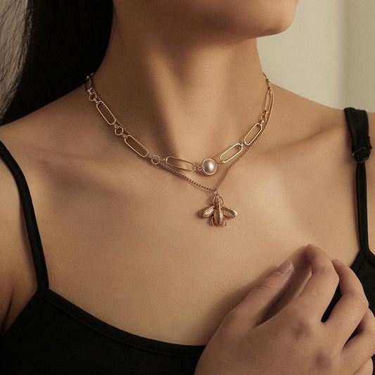 ins double necklace bee pearl clavicle chain temperament fashion design sense necklace chain accessories