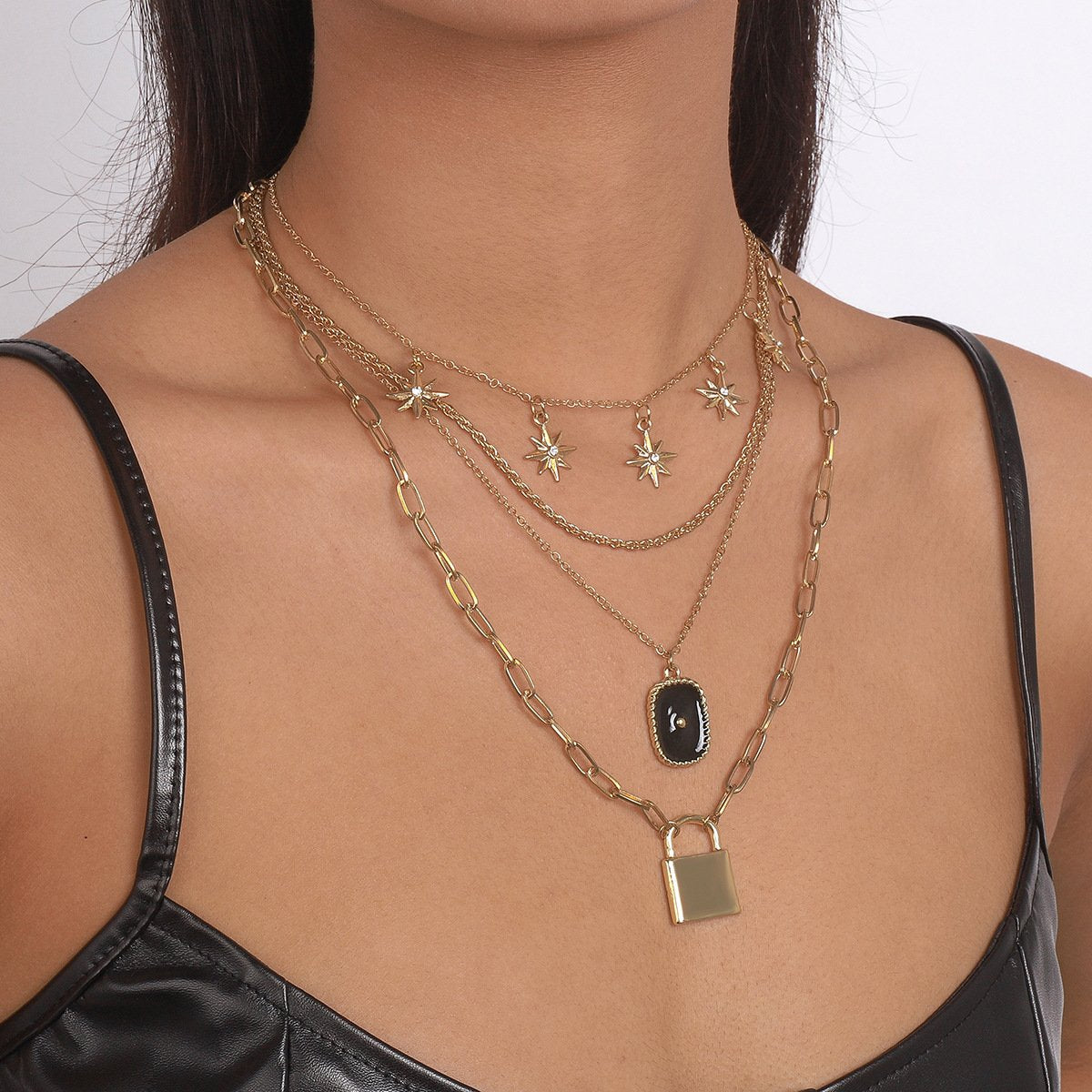 N1568 Stacked Simple Fashion Necklace Octagram Lock Drip Oil Micro-Inlaid Geometric Exaggerated Necklace Women