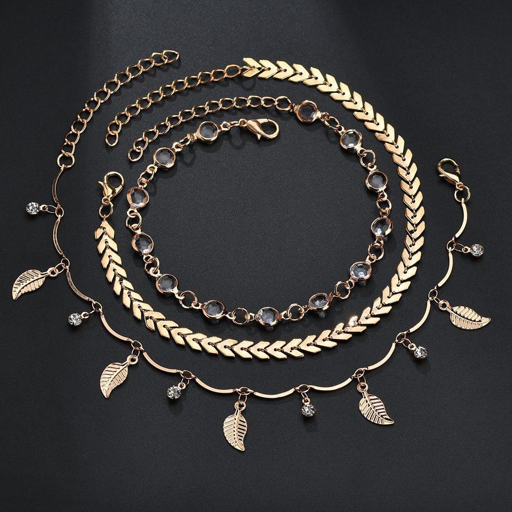 Creative Pop Hollow Leaf Arrow Diamond Anklet Set