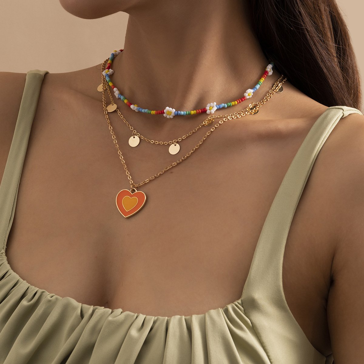 Holiday Stacked Daisy Flower Rice Bead Necklace Female Sequin Tassel Sweet Cool Drip Nectarine Heart Necklace