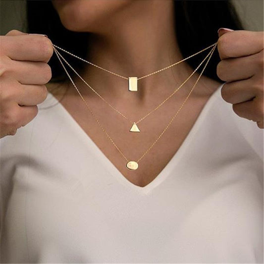 Geometric Iron Sheet Square Triangle Round Iron Sheet Pendant Necklace Fashion Multilayer Necklace Accessories