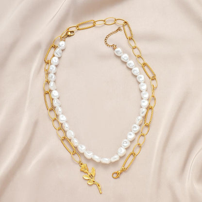 Trendy Personality Double Pearl Rose Necklace Fashion Temperament High Elegance Beautiful Sexy Necklace Women