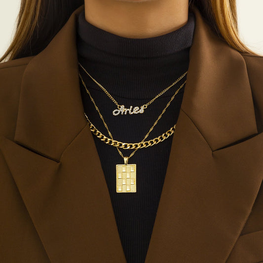 Jewelry Frosty Checkerboard Metal Tag Necklace Hip Hop Niche Diamond Alphabet Necklace Female