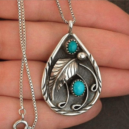 Summer Bohemian Vintage Pendant Necklace Women Imitation Turquoise Feather Tag Jewelry