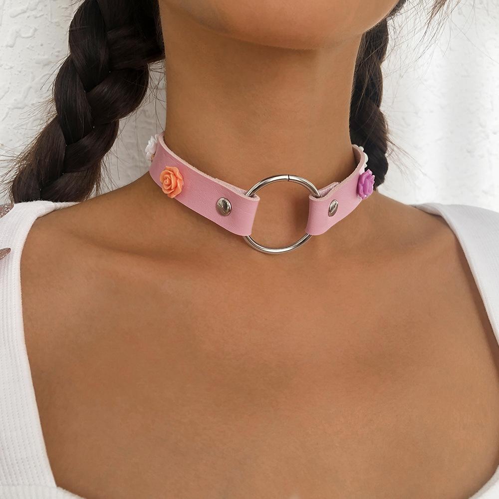 N9623 Jewelry Simple Leather Metal Buckle Collar Night Personality Flower Necklace Female