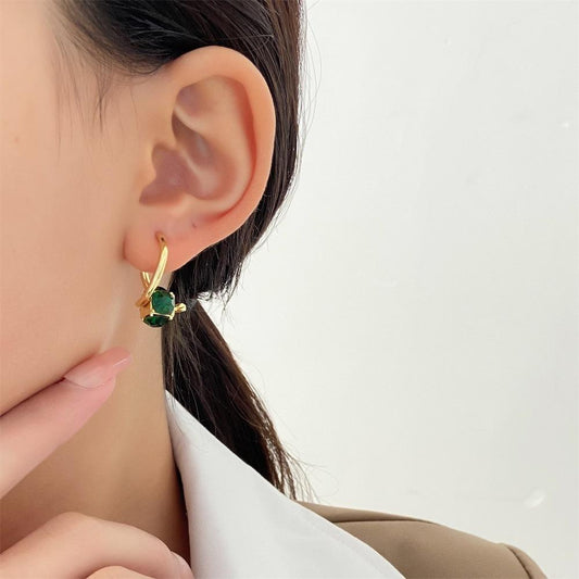 ins emerald zircon earrings French light luxury niche design rotating geometric ear buckle net red earrings trend