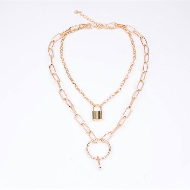 Jewelry Personality Punk Pop Double Layer Necklace Copper Ring Lock Pendant Necklace
