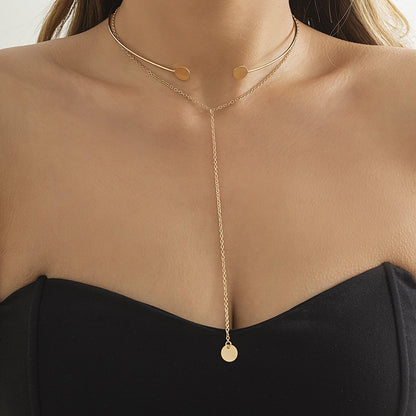 Jewelry Frosty Choker Thin Chain Necklace Simple Stacked Metal Double Disc Tassel Necklace