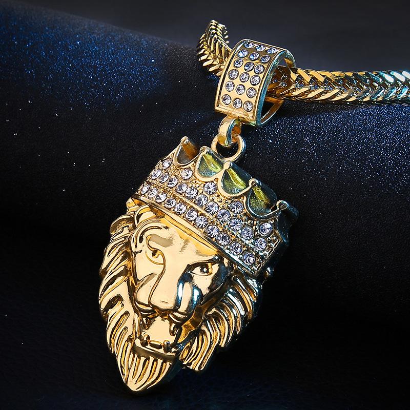 Diamond crown lion head hip hop necklace men's unisex gold-plated hiphop pendant X791