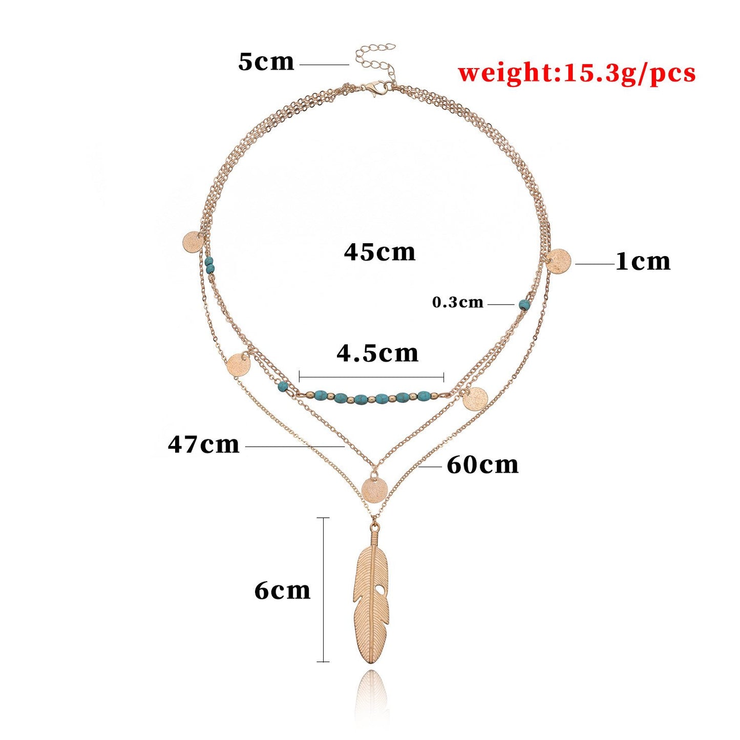 Jewelry Fashion Feather Turquoise Bead Sequin Multilayer Necklace Women's Street Shoot
