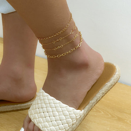 Jewelry Metal Simple Thin Chain Anklet Set Beach Versatile Geometric Imitation Crystal Foot Decoration