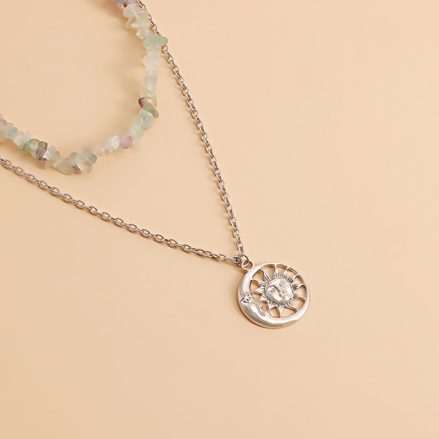 Jewelry double-layer simple natural green Dongling gravel pendant necklace female niche design necklace hot girl