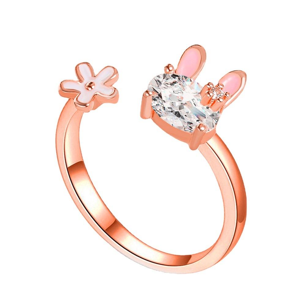 Cute little rabbit ring sweet girl heart flower index finger ring women's ins net red open ring