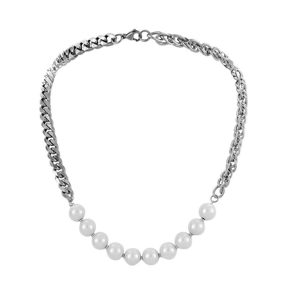 Trendy personality stainless steel high street reflective pearl splicing chain men and women necklace titanium steel fashion simple necklace
