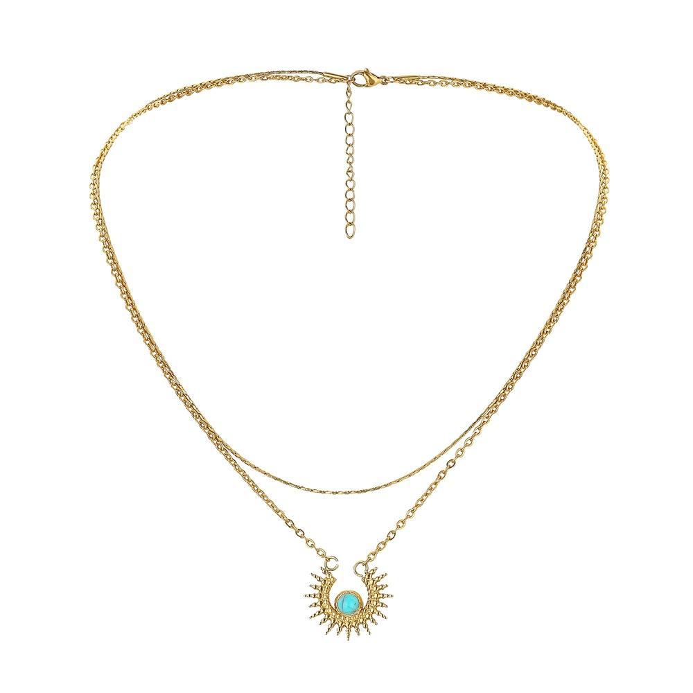 Personality creative stainless steel gold double gold wire chain sun turquoise pendant titanium steel necklace female