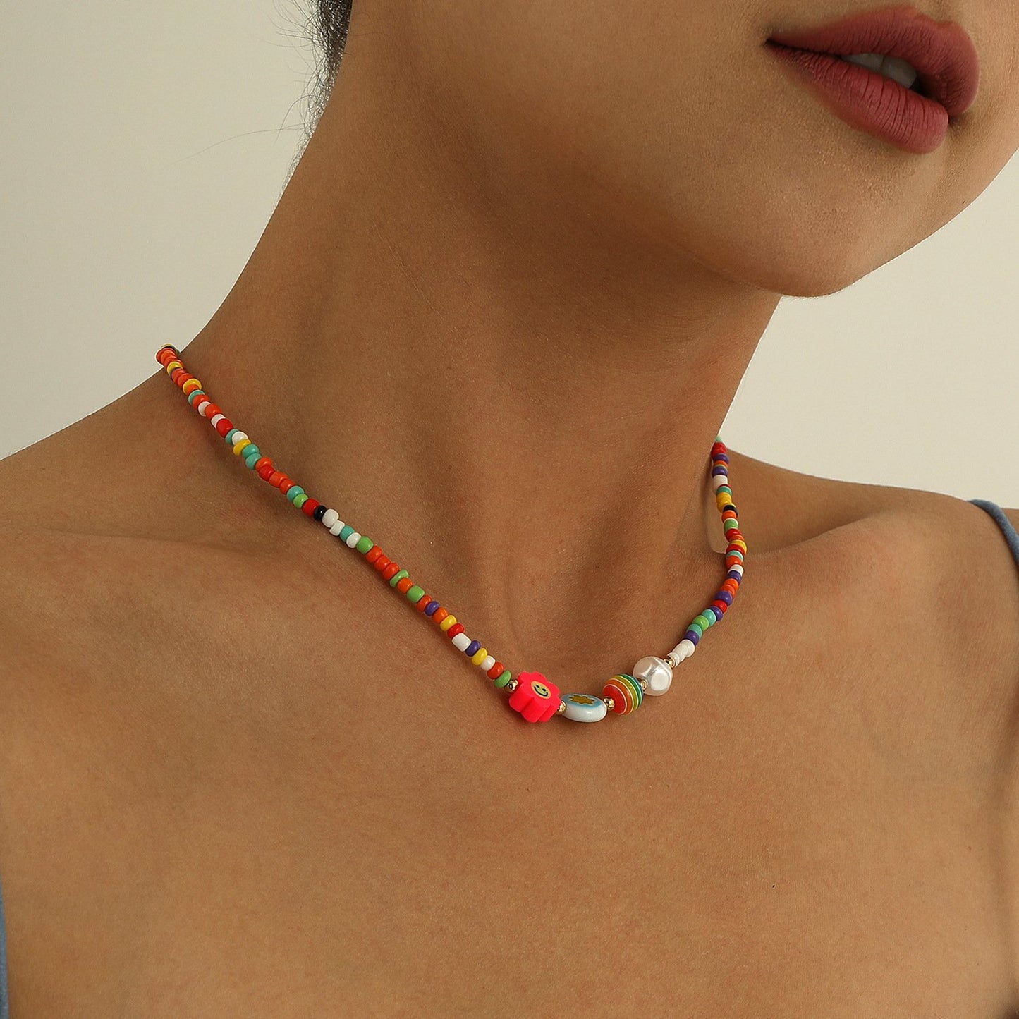 Jewelry color soft pottery smiling face glazed pearl necklace female simple geometric fashion trendy money jewelry