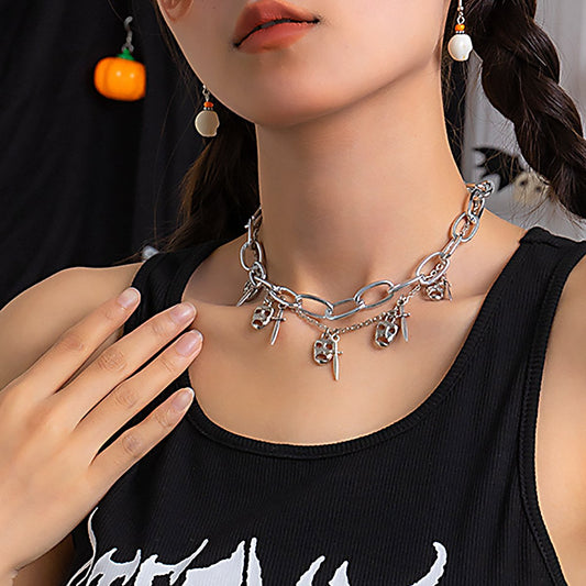 Jewelry Punk Gothic Mask Dagger Tassel Necklace Female Personality Retro Cross Chain Necklace