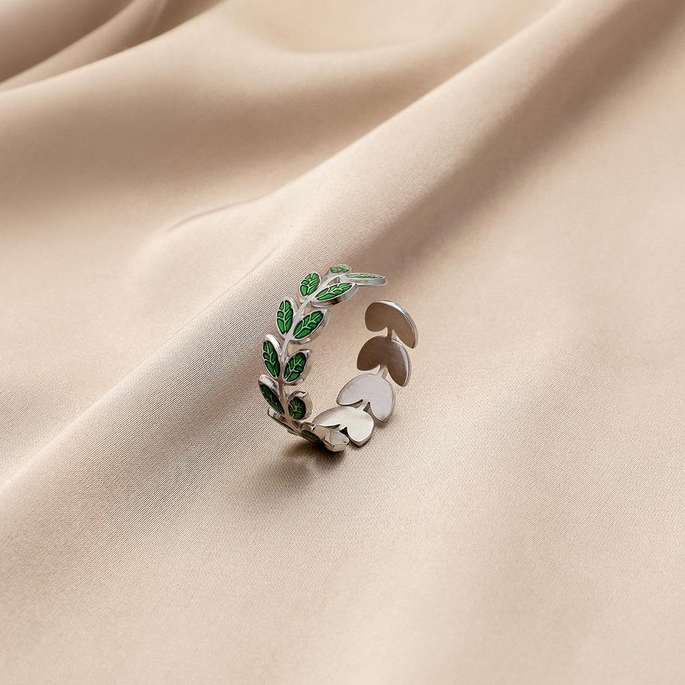 Fashion and simple temperament stainless steel wheat ears opening ring dripping oil green ring ladies jewelry
