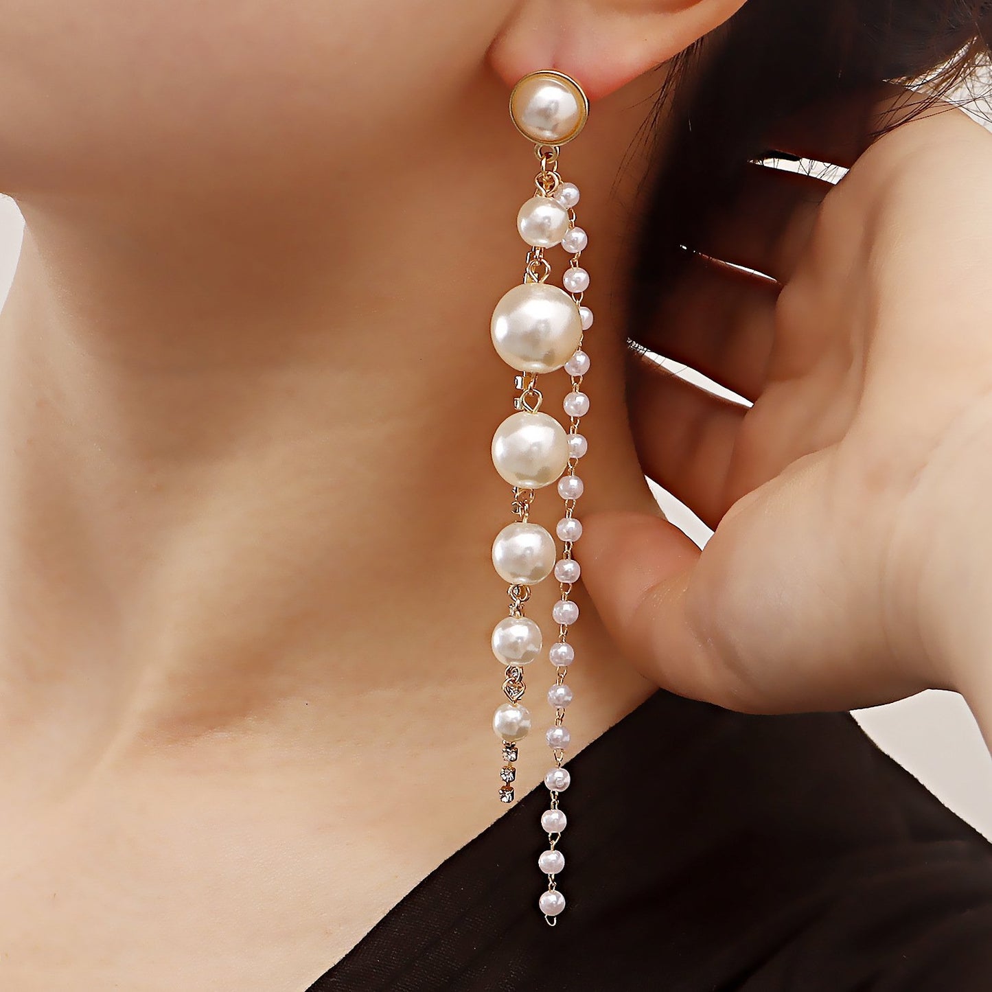 Jewelry ins geometric imitation pearl claw chain tassel earrings female hot girl earrings high-end niche