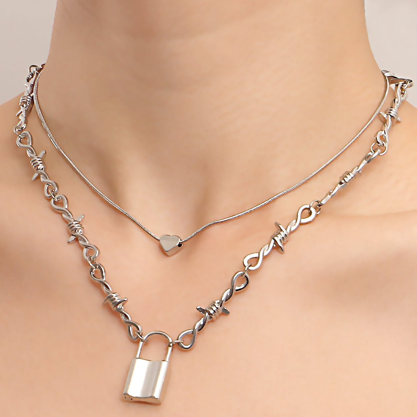 Jewelry punk love padlock pendant necklace female ins double snake bone chain niche design sense