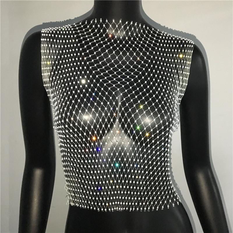 Sexy Flashing Diamond Fishnet Vest Body Chain Trendy Hollow Perspective Diamond Grid Sleeveless Top