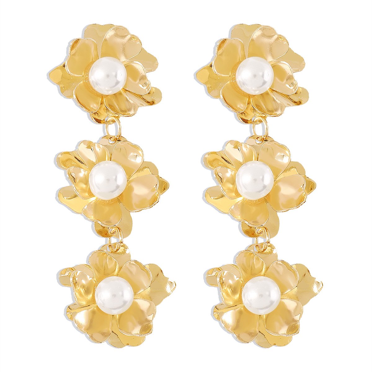 E118 Simple three-dimensional metal flower earrings cold design pearl long temperament earrings