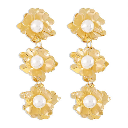 E118 Simple three-dimensional metal flower earrings cold design pearl long temperament earrings