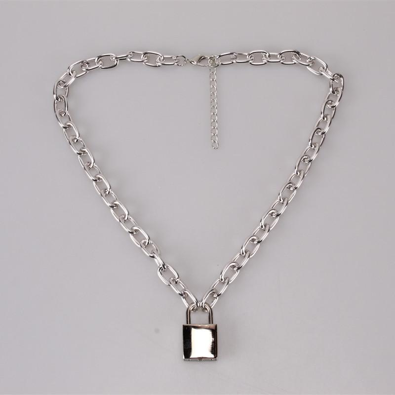 Punk Aluminum Chain Lock Pendant Necklace Rock Hip Hop Men and Women Gold and Silver Padlock Necklace Free Key Necklace