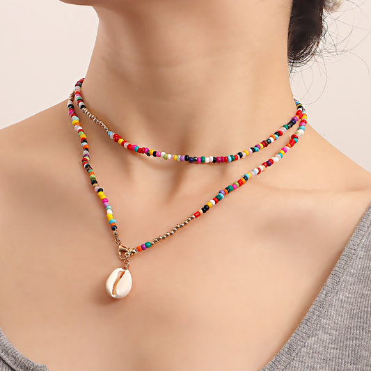 Jewelry bohemian double-layer color rice bead shell necklace female ins beach