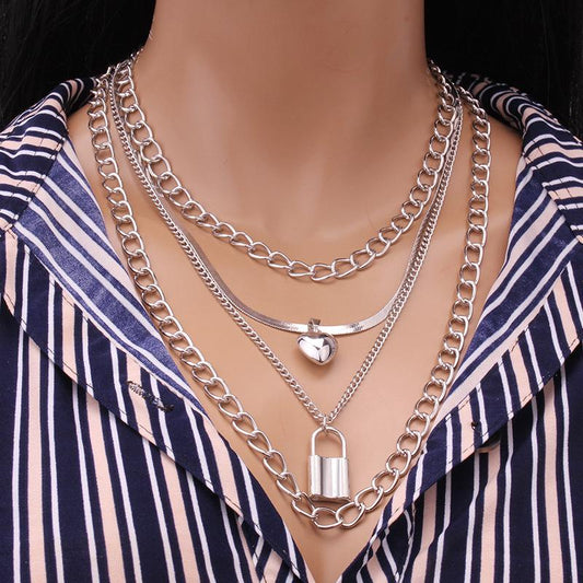 Jewelry Retro Versatile Multi-layer Peach Heart Glossy Trendy Alloy Padlock Necklace Three-piece Set