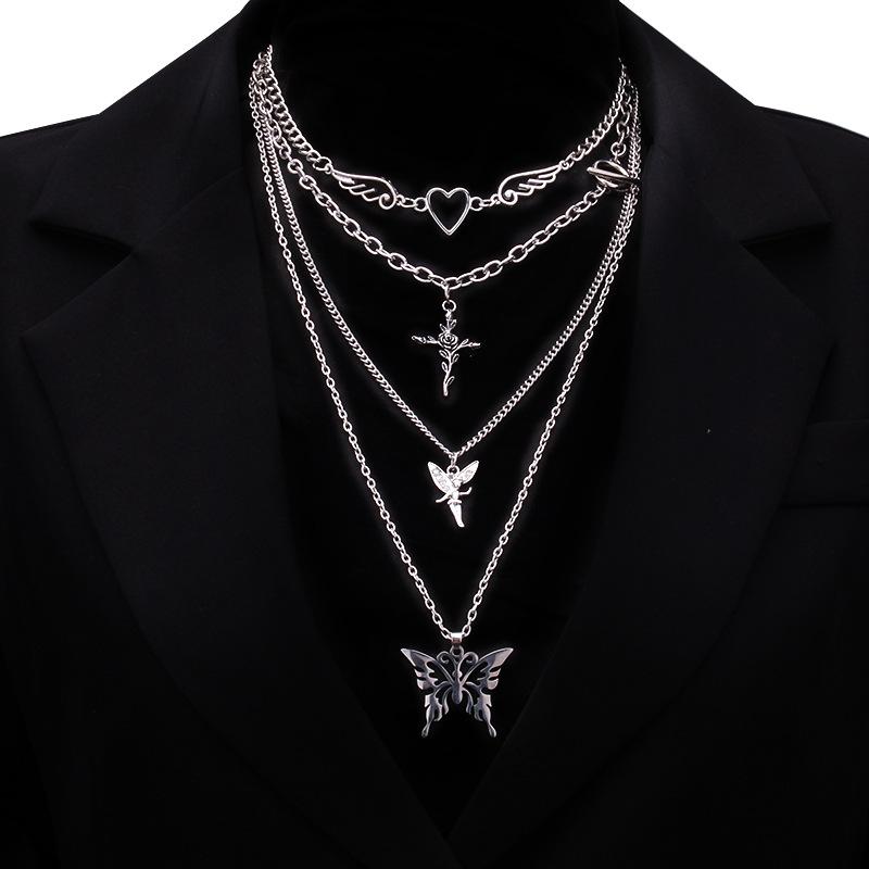 Temperament trendy female clavicle chain fashion little angel necklace personality cross butterfly pendant multi-layer necklace