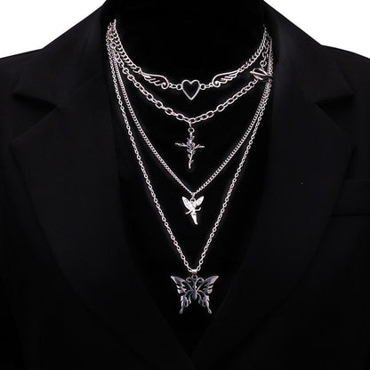 Temperament trendy female clavicle chain fashion little angel necklace personality cross butterfly pendant multi-layer necklace