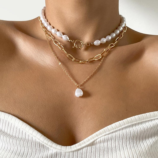 Jewelry Retro Palace Baroque Pearl Necklace Simple Metal Ot Buckle Chain Necklace Female