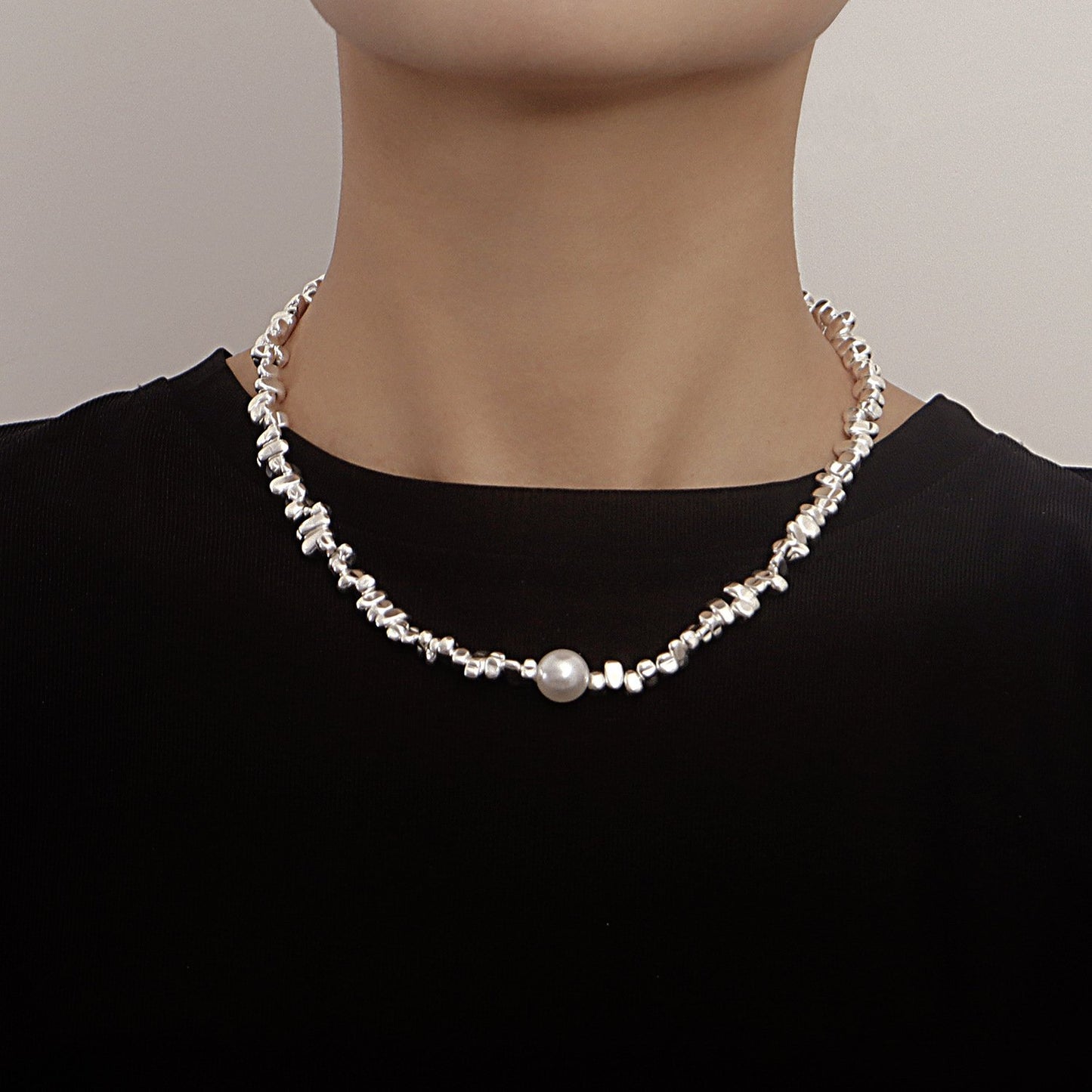 Jewelry Broken Silver Geometric Irregular Pearl Pendant Necklace Clavicle Chain Personality Trendy Cool Necklace