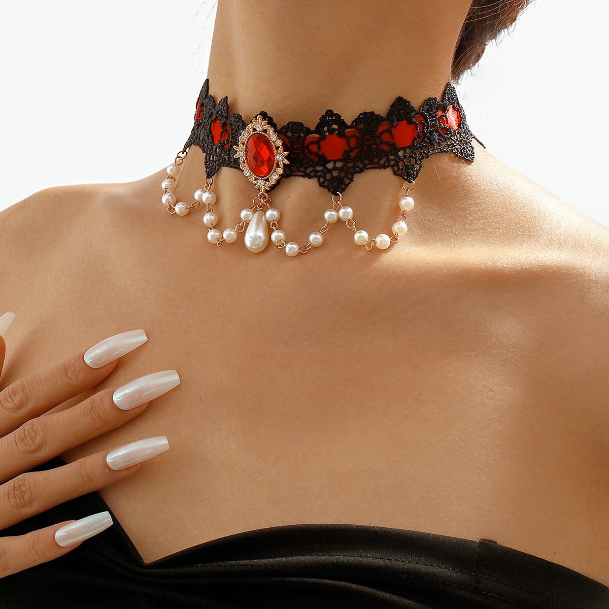N1946 Simple Lace Resin Sexy Necklace Female Pearl Tassel Retro Gothic Geometric Necklace
