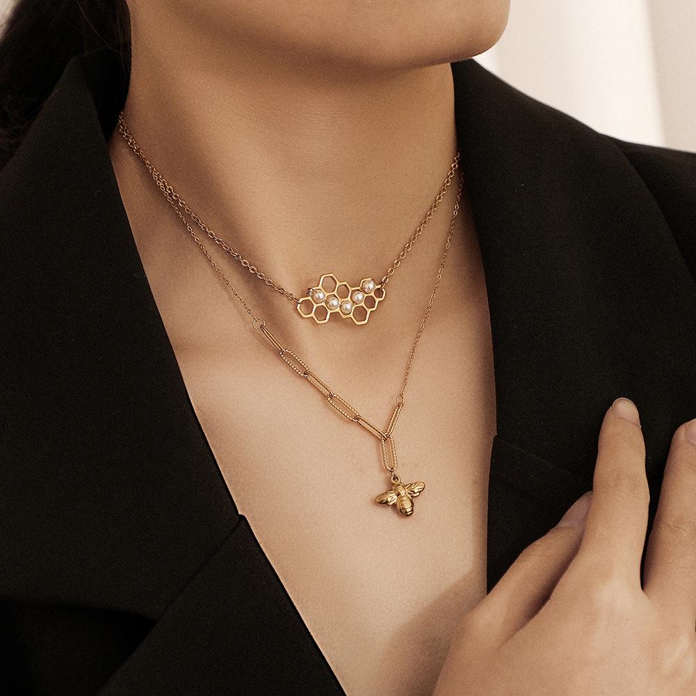 Stainless Steel Double Layer Necklace Honeycomb Bee Pearl Pendant Temperament Simple Multilayer Clavicle Chain Titanium Steel Accessories