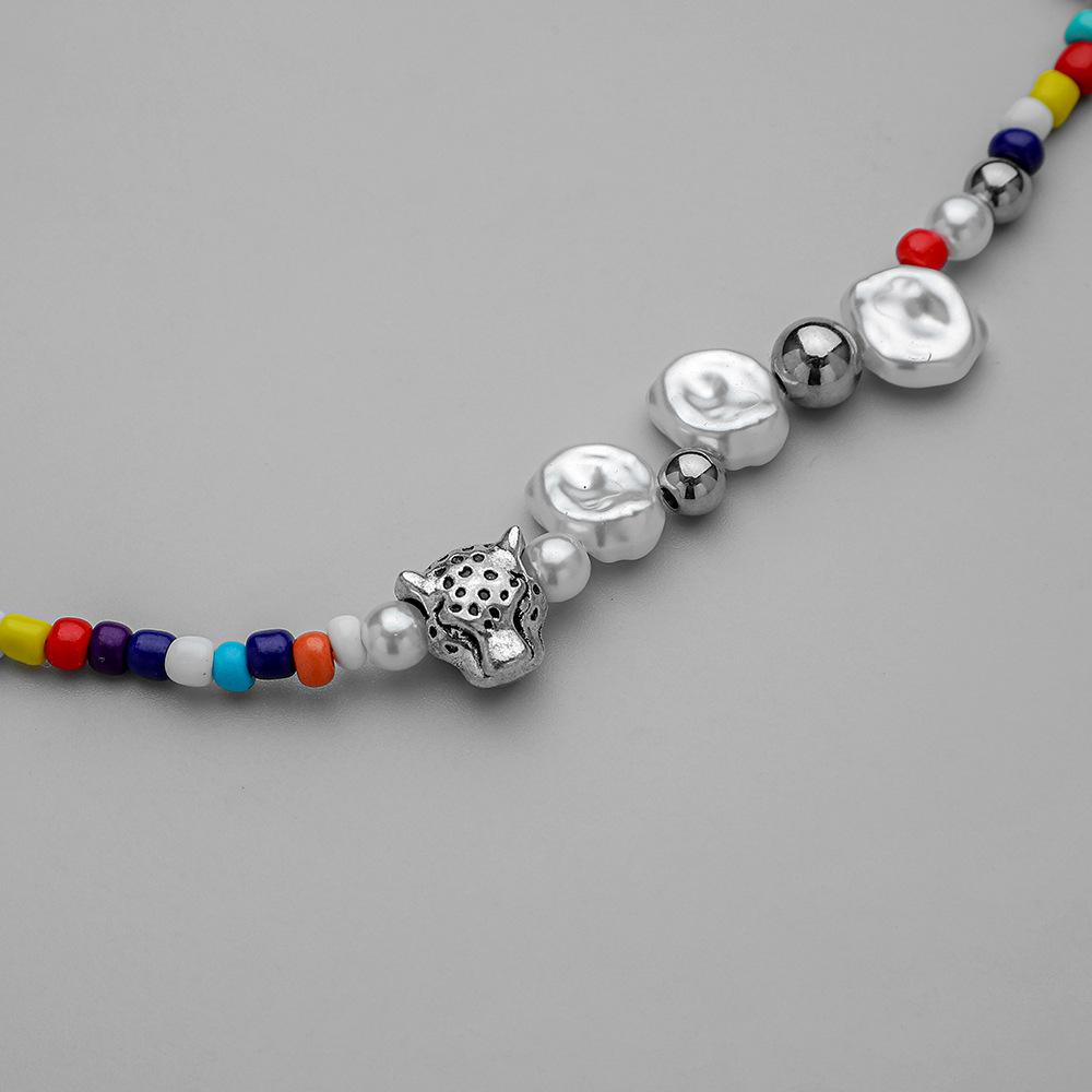 Fashion stainless steel beaded rice beads special-shaped pearl necklace trend bohemian cute tiger head pendant for men