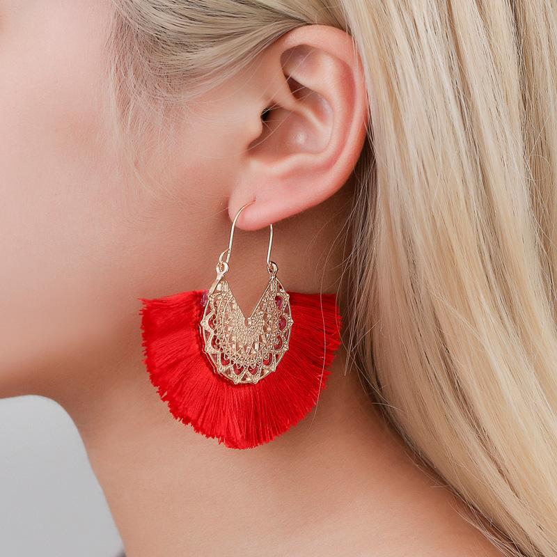 Ethnic tassel earrings retro exaggerated fan-shaped lace pattern earrings earrings earrings