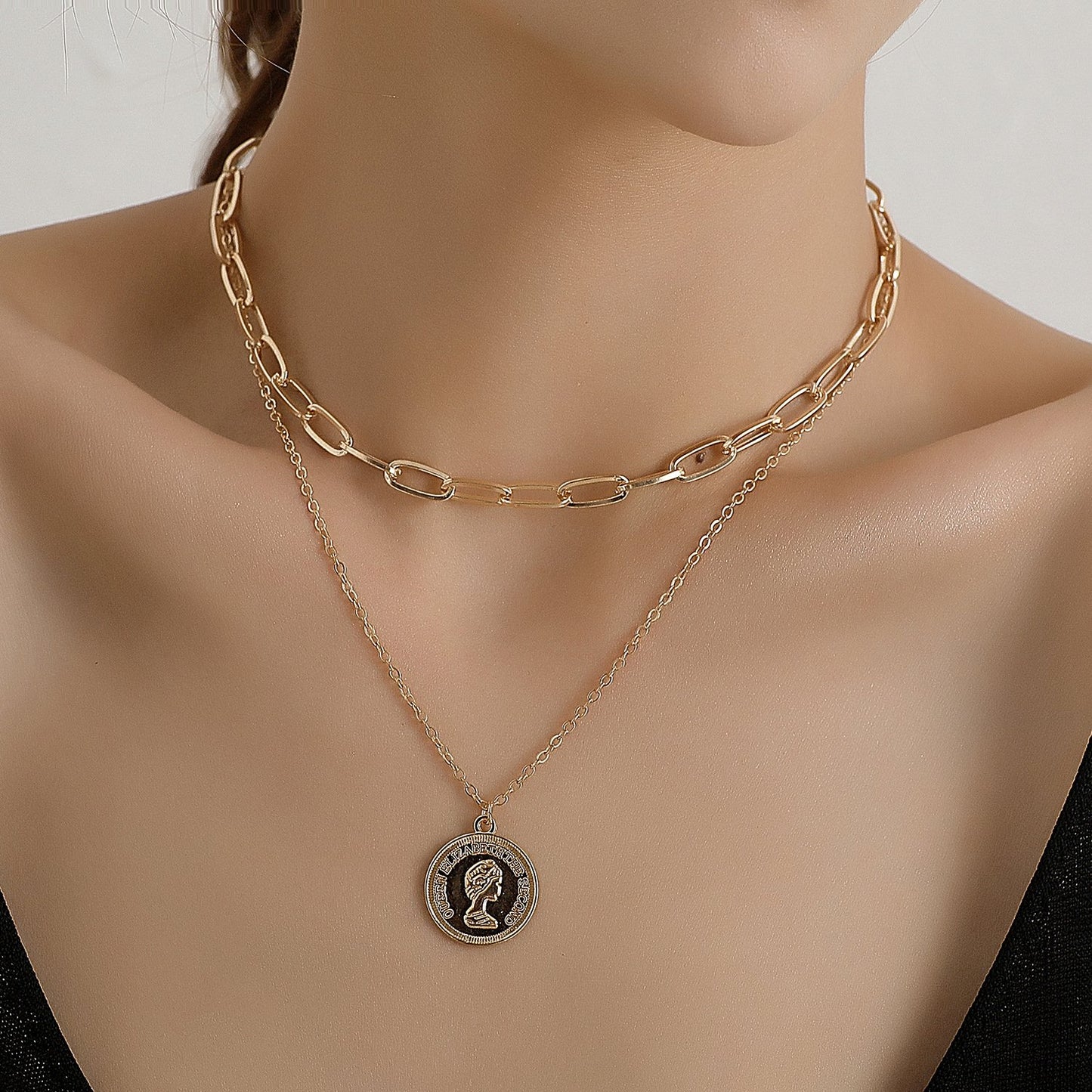 Jewelry Fashion Geometric Chain Double Layer Necklace Female Punk Street Beauty Avatar Round Card Necklace