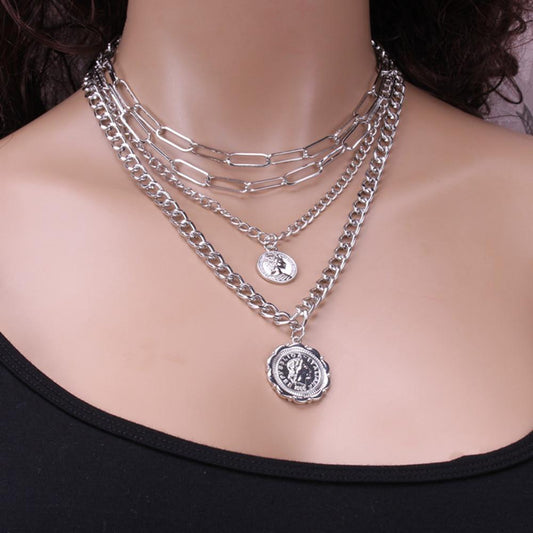 Jewelry Personality Round Card Coin Pendant Necklace Men's Hip Hop Trendy Portrait Multilayer Thick Chain Necklace