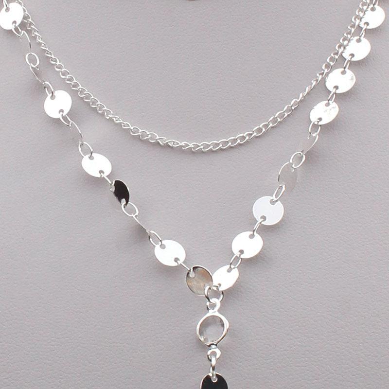 Jewelry Handmade Sequin Chain Necklace Disc Rhinestone Tassel Pendant Multilayer Clavicle Chain