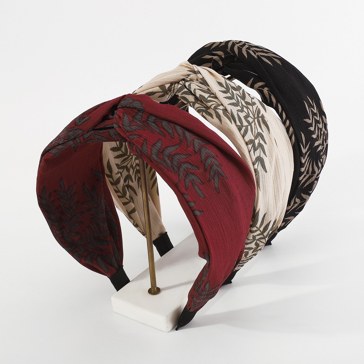 F4881 Fabric fashion trendy cross wide-brimmed headband pure color leaf print contrasting color simple net red headband