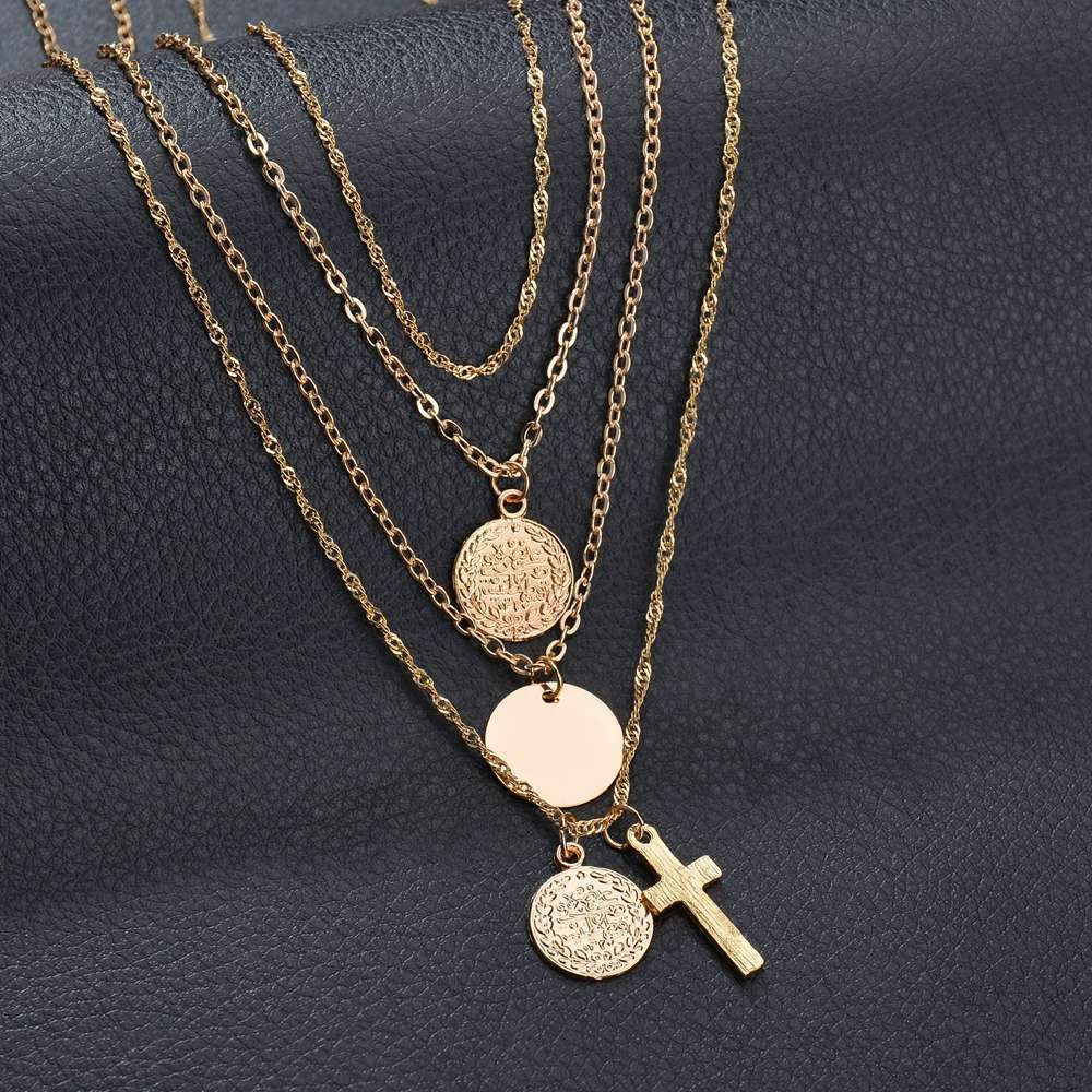 Jewelry Personality Creative Round Retro Cross Necklace Simple Multilayer Necklace Clavicle Chain