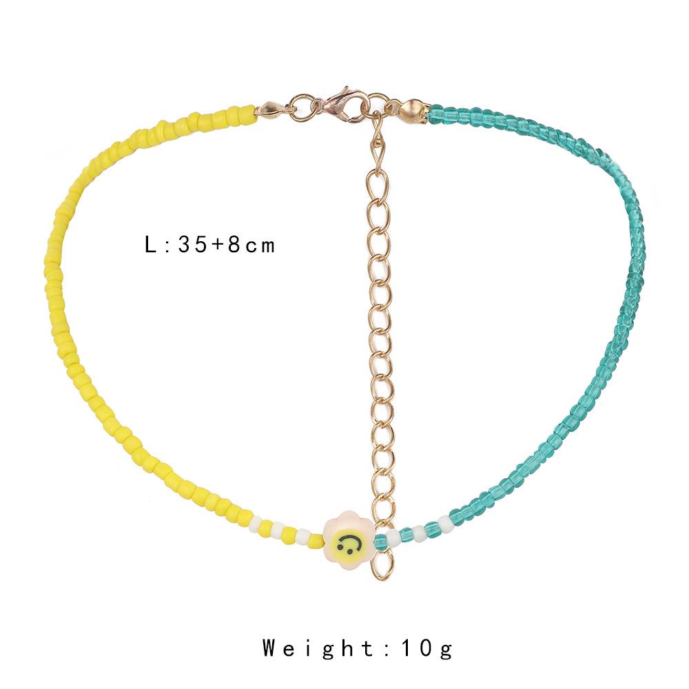 Trendy personality asymmetric rice beads soft pottery cartoon smiley face necklace fashion bohemian beautiful collarbone chain
