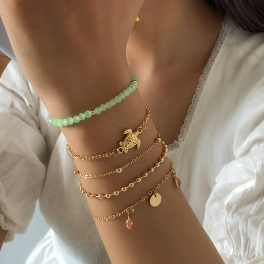 Jewelry Stretch Imitation Crystal Turtle Thin Chain Set Bracelet Simple Tassel Ball Chain Bracelet