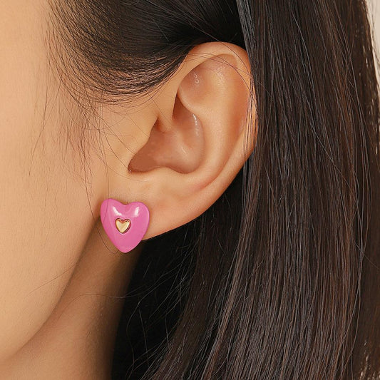 ins enamel drop oil inlaid love earrings fashion temperament niche design peach heart earrings simple earrings
